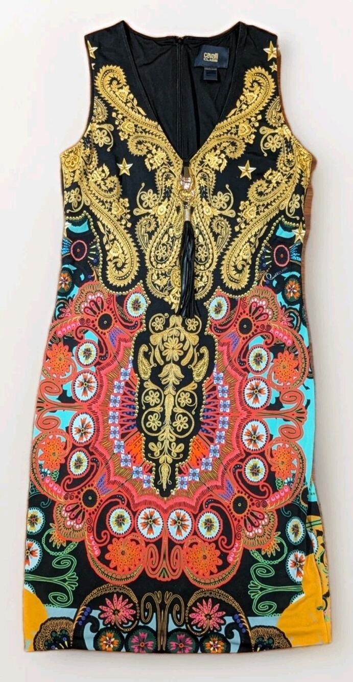 Roberto Cavalli Class Dress Medusa Baroque Paisley Print Bodycon Midi Italy - Picture 1 of 14
